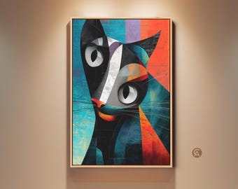 Cubist Cat Wall Art Print, Abstract Animal Artwork, Modern Geometric Canvas Art, Black Orange Teal Home Decor Gift for Cat Lovers
