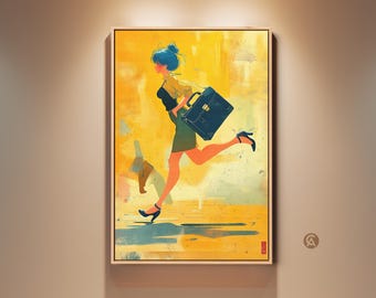 Könnte beinhalten: Ein künstlerischer Druck einer Person, die mit einer Aktentasche rennt. Das Kunstwerk zeigt eine Person mit blauen Haaren, die einen grünen Rock, ein schwarzes Oberteil und Absätze trägt und eine dunkelblaue Aktentasche hält. Der Hintergrund ist eine Mischung aus Gelb, Orange und Blau.