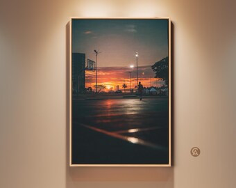 Basketball Court Sunset Canvas Art Print, Urban Sports Wall Decor, Orange Teal Photorealistic Artwork, Bedroom Living Room Home Office Gift