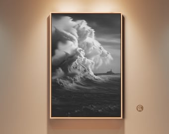 May include: Black and white framed print of a dramatic ocean wave crashing. The image captures the power of the sea, with a lighthouse visible in the distance. The artwork is displayed on a beige wall.