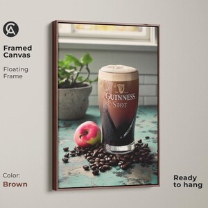Vintage Guinness Stout Canvas Art Print, Coffee Lover Gift, Industrial Bar Decor, Rustic Kitchen Wall Art, Dark Brown Cream Artwork Brown Floating Frame Canvas Print
