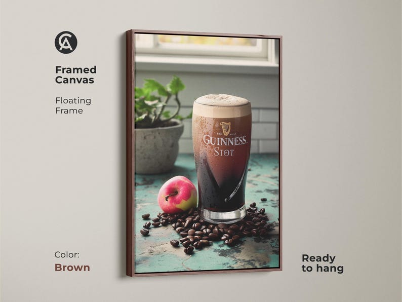 Vintage Guinness Stout Canvas Art Print, Coffee Lover Gift, Industrial Bar Decor, Rustic Kitchen Wall Art, Dark Brown Cream Artwork Brown Floating Frame Canvas Print