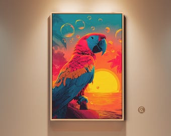 Macaw Parrot Wall Art, Tropical Bird Canvas Print, Boho Sunroom Decor, Coral Teal Art, Housewarming Gift for Bird Lovers