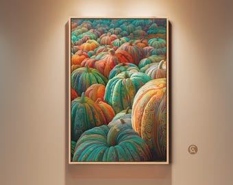 Abstract Pumpkin Patch Canvas Art Print, Colorful Autumn Harvest Wall Decor, Eclectic Decor, Gift for Home Bakers, Teal Orange Green Art