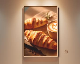 Croissant and Latte Art Canvas Print - Beige & Brown Contemporary Kitchen Wall Art - Coffee Lover Gift - Modern Breakfast Artwork