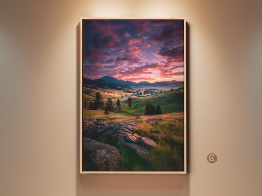Mountain Valley Landscape Canvas Print - Sunset Sky Wall Art, Rustic ...