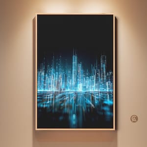 May include: Framed artwork depicting a futuristic cityscape rendered in shades of blue and teal against a dark background. The buildings are illuminated with glowing lines, creating a digital aesthetic. The artwork is displayed on a beige wall.