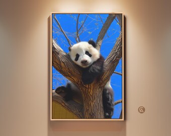 Panda in Tree Canvas Art Print, Cute Wildlife Photography Wall Art, Photorealistic Animal Artwork for Bedroom, Office