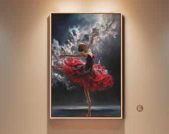 Ballerina Wall Art Print, Red Tutu Dancer Artwork, Dramatic Performance Canvas Print, Gift for Dancers, Contemporary Home Decor