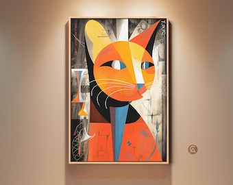 Abstract Cat Wall Art Mid-Century Modern Orange Yellow Cubist Feline Print for Bedroom Home Office Gift for Cat Lovers