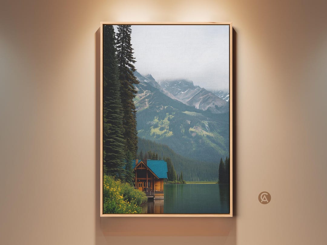 Cabin Landscape Wall Art Print, Rustic Mountain Lake Canvas Art, Forest ...