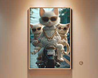 Cool Cat Gang Motorcycle Art Print, Funny Kitten Wall Art, Gold Sunglasses & Chain, Eclectic Home Decor, Gift for Cat Lovers