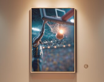 Basketball Slam Dunk Canvas Art Print, Dynamic Action Sports Wall Art, Man Cave Decor, Gift for Sports Fan, Blue Orange Teal Artwork