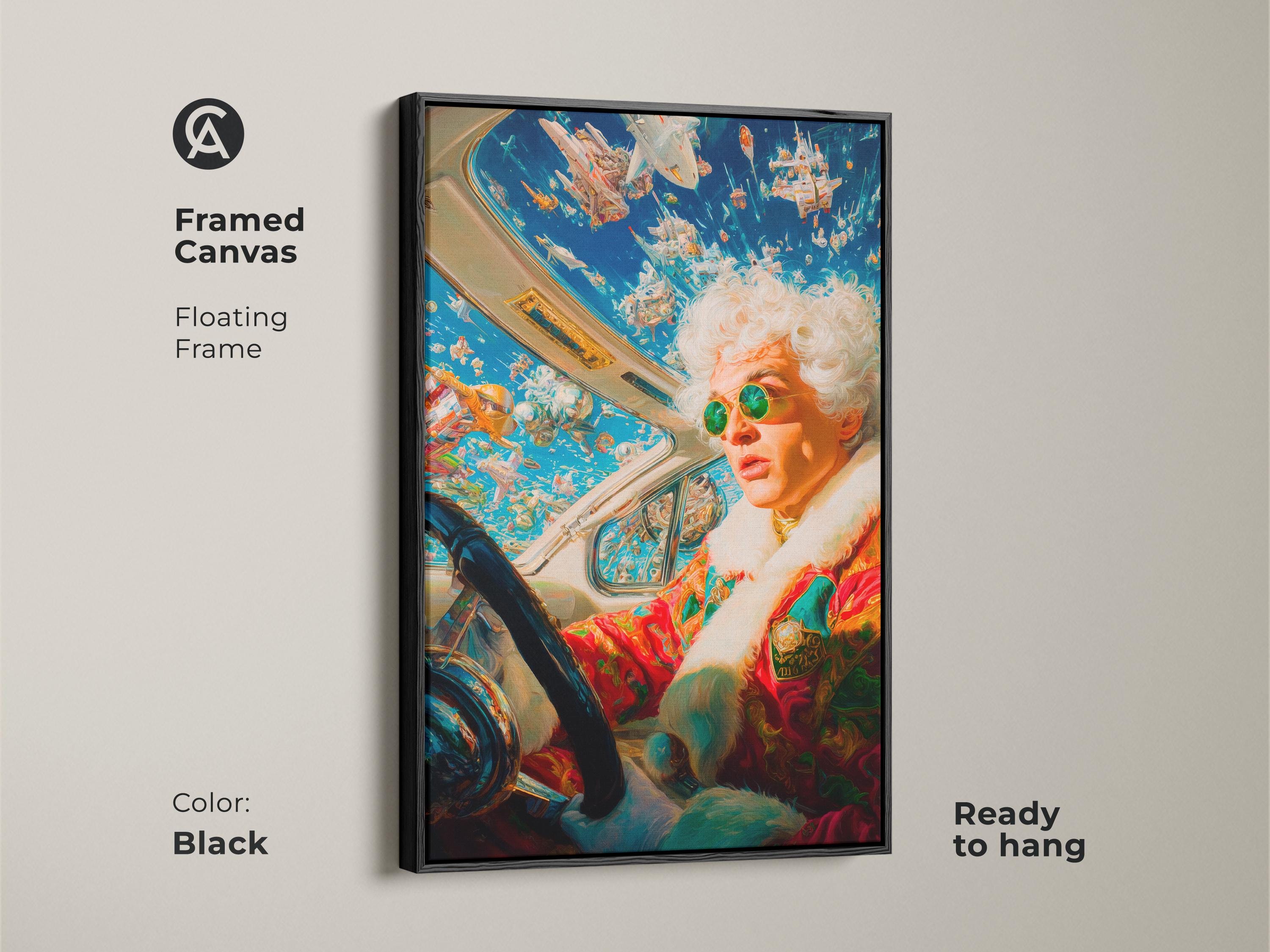 Surreal Sci-fi Art Print, Elderly Woman Driving Spaceship Collage