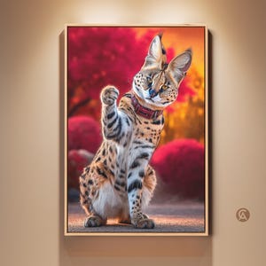 Lámina decorativa de serval para pared, impresión digital, ilustración botánica de gatos, decoración de animales salvajes, arte ecléctico para el hogar, regalo de cumpleaños para amantes de los gatos.