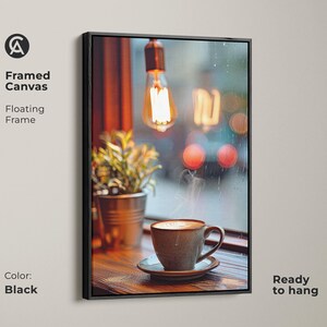 Cozy Coffee Cup Wall Art, Latte Art Print, Scandinavian Coffee Shop Decor, Housewarming Gift for Coffee Addicts, Brown Beige Orange Art Black Floating Frame Canvas Print