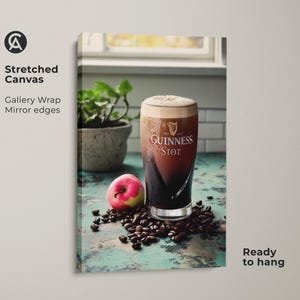 Vintage Guinness Stout Canvas Art Print, Coffee Lover Gift, Industrial Bar Decor, Rustic Kitchen Wall Art, Dark Brown Cream Artwork Stretched Canvas Print