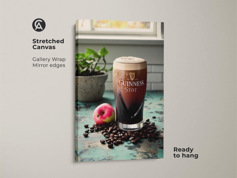 Vintage Guinness Stout Canvas Art Print, Coffee Lover Gift, Industrial Bar Decor, Rustic Kitchen Wall Art, Dark Brown Cream Artwork Stretched Canvas Print