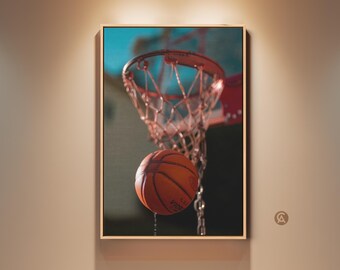 Basketball Hoop Art Print, Dynamic Action Shot Canvas Wall Art, Orange & Teal Sports Decor for Man Cave, Office, Gift for Hoopers