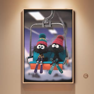 May include: Framed print showing two cartoon characters with black fur, large eyes, and colourful knitted hats, seated on a ski lift. They are holding skis, suggesting a winter theme and a day of skiing.