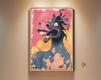 Grotesque Horse Wall Art Print, Cartoon Animal Canvas Art, Eclectic Home Decor, Pink Teal Yellow Art for Studio Office Gift
