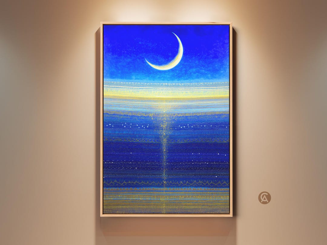 Celestial Moon Art Print, Deep Blue and Yellow Abstract Canvas Wall Art ...
