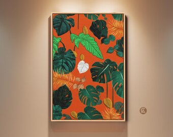 Tropical Leaf Wall Art Print, Boho Botanical Monstera Fern Art, Orange Green Yellow Tropical Art, Housewarming Gift for Plant Lovers