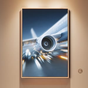 Könnte beinhalten: Gerahmter Druck eines Flugzeugs im Flug, mit Nahaufnahme von Triebwerk und Tragfläche. Das Bild hat einen Unschärfeeffekt mit Lichtstreifen und einem blau-weißen Farbschema. Das Kunstwerk wird an einer beigen Wand ausgestellt.