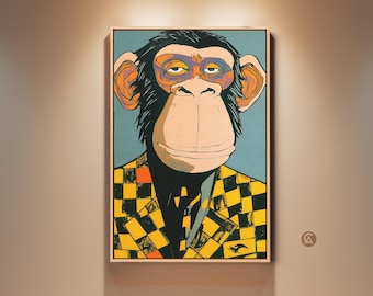 Könnte beinhalten: Gerahmter Pop-Art-Druck mit einem Schimpansen in einem gelb-schwarz karierten Blazer. Der Schimpanse hat orange Ohren, ein beiges Gesicht und eine blau-violette Maske. Der Hintergrund ist hellblau.