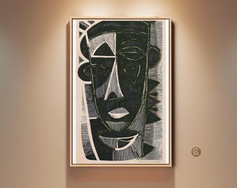 Abstract Face Wall Art, Dark Green Black Linocut Print, Geometric Portrait Canvas Art, Eclectic Entryway Decor, Housewarming Gift