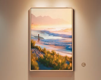 Surfer Walking on Beach Canvas Art Print, Ocean Waves Coastal Wall Art, Sunrise Landscape Painting, Gift for Surfers & Beach Lovers Decor