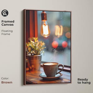 Cozy Coffee Cup Wall Art, Latte Art Print, Scandinavian Coffee Shop Decor, Housewarming Gift for Coffee Addicts, Brown Beige Orange Art Brown Floating Frame Canvas Print