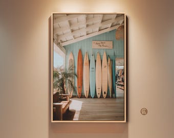 Vintage Surfboard Lineup Art Print, Coastal Retro Beach Wall Art, Orange Teal Palm Tree Canvas Decor, Entryway Housewarming Gift