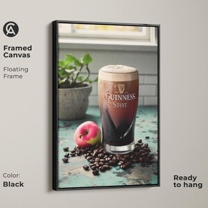 Vintage Guinness Stout Canvas Art Print, Coffee Lover Gift, Industrial Bar Decor, Rustic Kitchen Wall Art, Dark Brown Cream Artwork Black Floating Frame Canvas Print