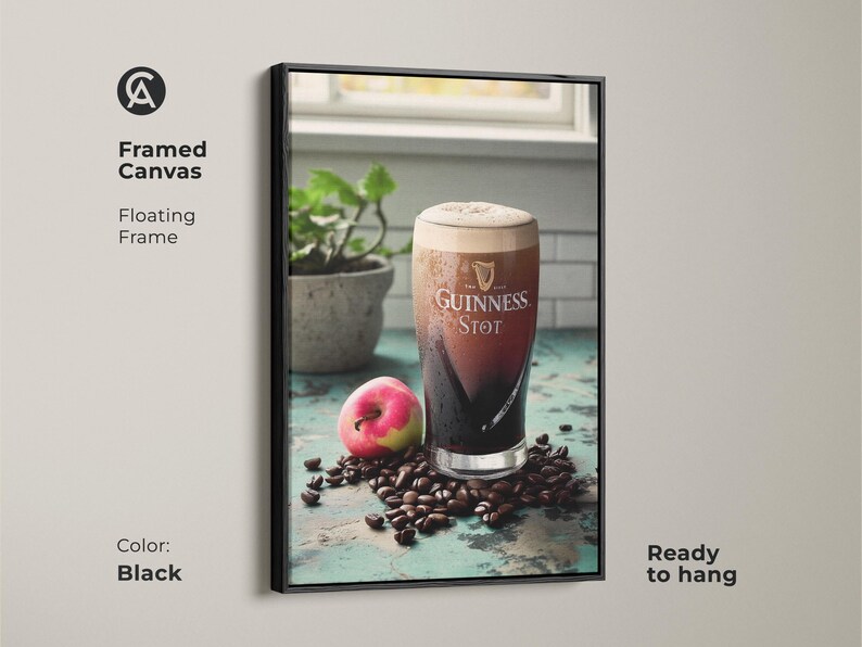 Vintage Guinness Stout Canvas Art Print, Coffee Lover Gift, Industrial Bar Decor, Rustic Kitchen Wall Art, Dark Brown Cream Artwork Black Floating Frame Canvas Print