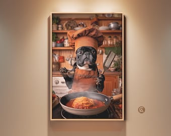 French Bulldog Chef Wall Art, Dog Cooking Spaghetti Canvas Print, Eclectic Kitchen Decor, Gift for Dog Lovers, Housewarming Art