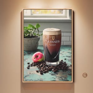 Vintage Guinness Stout Canvas Art Print, Coffee Lover Gift, Industrial Bar Decor, Rustic Kitchen Wall Art, Dark Brown Cream Artwork Oak Floating Frame Canvas Print