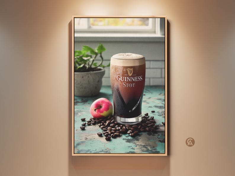 Vintage Guinness Stout Canvas Art Print, Coffee Lover Gift, Industrial Bar Decor, Rustic Kitchen Wall Art, Dark Brown Cream Artwork Oak Floating Frame Canvas Print