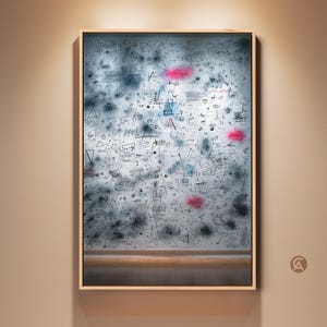 Puede incluir: Obra de arte abstracta enmarcada en madera. La pieza presenta un fondo blanco con marcas negras y grises dispersas, formas geométricas y tres manchas rosas brillantes. La obra se exhibe en una pared beige.