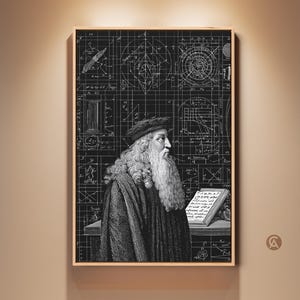 May include: Framed black and white print of Leonardo da Vinci, depicted with a long white beard and hat, seated at a desk with an open book. The background features intricate diagrams and sketches, creating a vintage aesthetic.