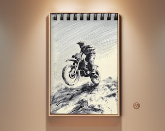 Motocross Rider Art Print, Dirt Bike Sketch Wall Art, Action Sports Canvas Print, Man Cave Decor, Gift for Motocross Fans