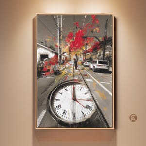 May include: Abstract painting of a street scene with a large clock face in the foreground. The artwork features a color palette of gray, red, and white, with a wooden frame. The clock hands point to approximately 5:30.