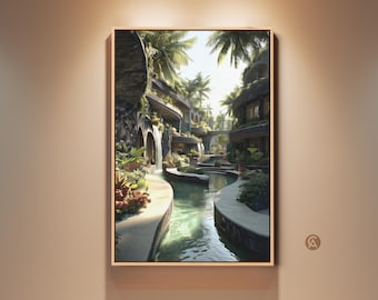 May include: A framed art print depicting a tropical resort scene. The artwork showcases a serene water feature winding through lush greenery and architectural structures. Palm trees and sunlight enhance the tranquil atmosphere. The frame is a light wood color.