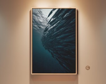 School of Fish Wall Art Print, Underwater Ocean Wildlife Canvas Art, Contemporary Deep Blue Gray Teal Artwork, Gift for Marine Life Lovers