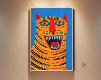Abstract Tiger Wall Art, Folk Art Print, Bold Animal Canvas Art, Eclectic Home Decor, Birthday Gift for Animal Lovers