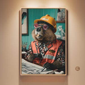 Könnte beinhalten: Gerahmtes Kunstwerk mit einem Biber, der einen gelben Helm, eine orangefarbene Sicherheitsweste und rosafarbene Brille trägt. Der Biber sitzt an einem Schreibtisch und arbeitet an Bauplänen. Das Kunstwerk hat ein skurriles, professionelles Thema.