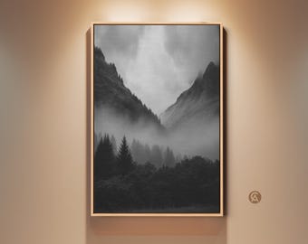 Monochrome Forest Landscape Wall Art Print, Foggy Mountain Canvas Art, Black and White Nature Artwork for Bedroom, Modern Home Decor Gift
