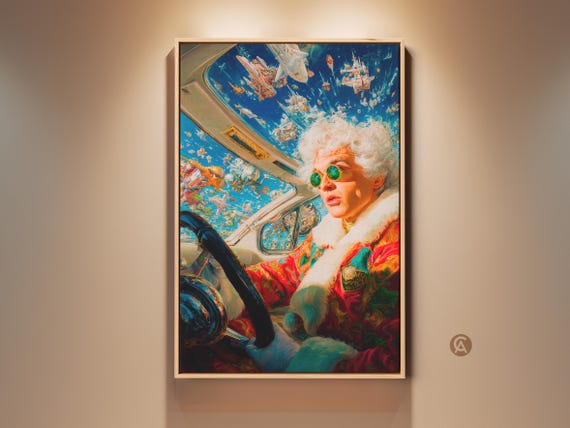 Surreal Sci-fi Art Print, Elderly Woman Driving Spaceship Collage
