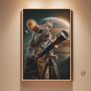 May include: A framed wall art print featuring a brown mouse wearing tan overalls, looking through a black and gold telescope. The background displays a large planet in deep space. A small circular logo with the letters CA is in the bottom right corner.
