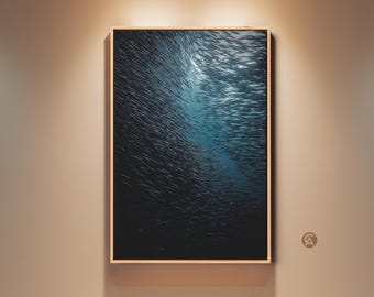 Underwater School of Fish Canvas Print, Coastal Wall Art, Teal Blue Ocean Photography, Coastal Home Decor